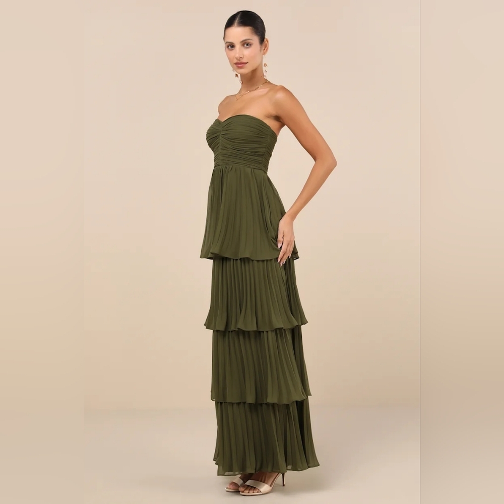 Lulus Seriously Sensational Olive Green Strapless Tiered Maxi Dress Wedding Prom - Picture 4 of 8